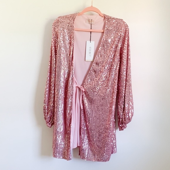 Club L London Pink Sequin long sleeve mini Wrap Dress - Picture 5 of 13